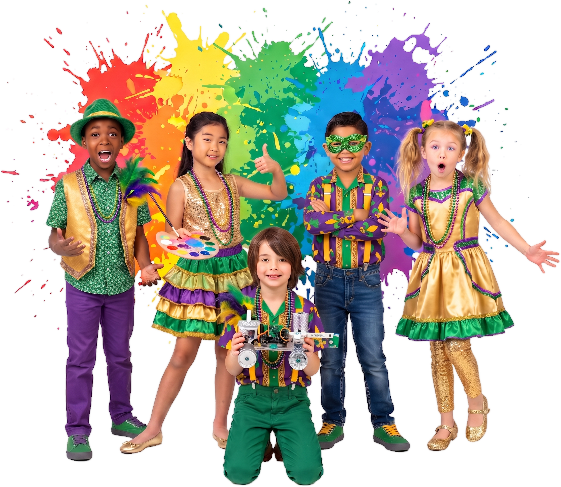 Children celebrating creativity and innovation in colorful Destination Imagination costumes